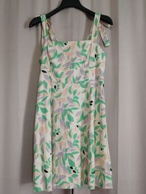 Gianni Bini Linen Blend Bow Strap Fit&Flare Mini Dress Smocked Back Square Neck